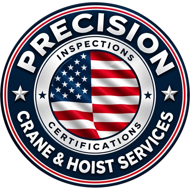 Precision Crane & Hoist Services, Inc. official logo: circular badge with an American flag center and the words Precision, Inspections, Certifications, Crane & Hoist Services